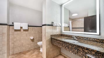 Et badeværelse med toilet, håndvask og spejl.