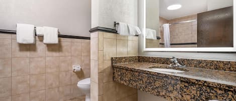 A bathroom with a toilet, sink, and mirror.