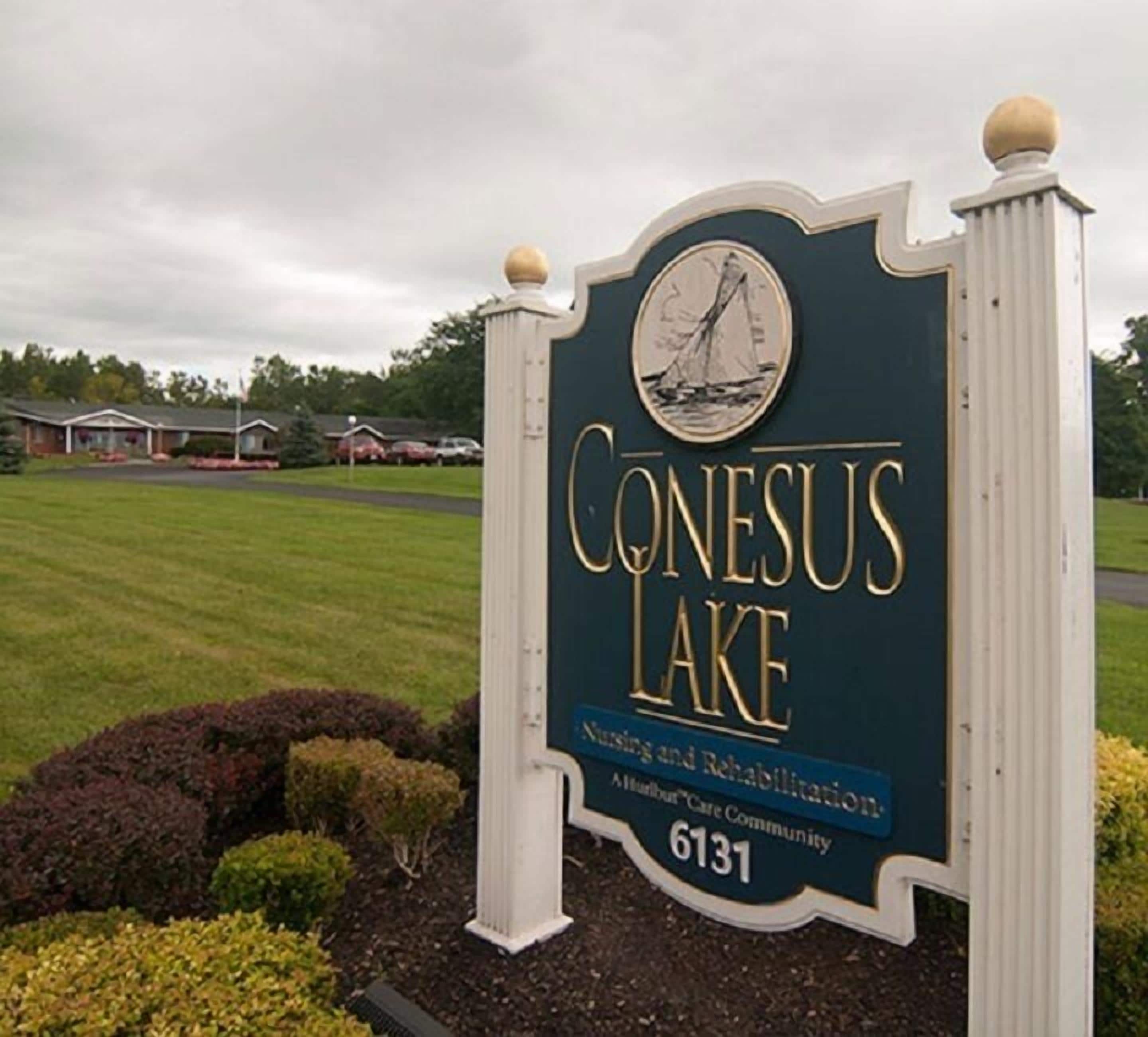 A sign for Conesus Lake Nursing and Rehabilitation, indicating it is a care community.