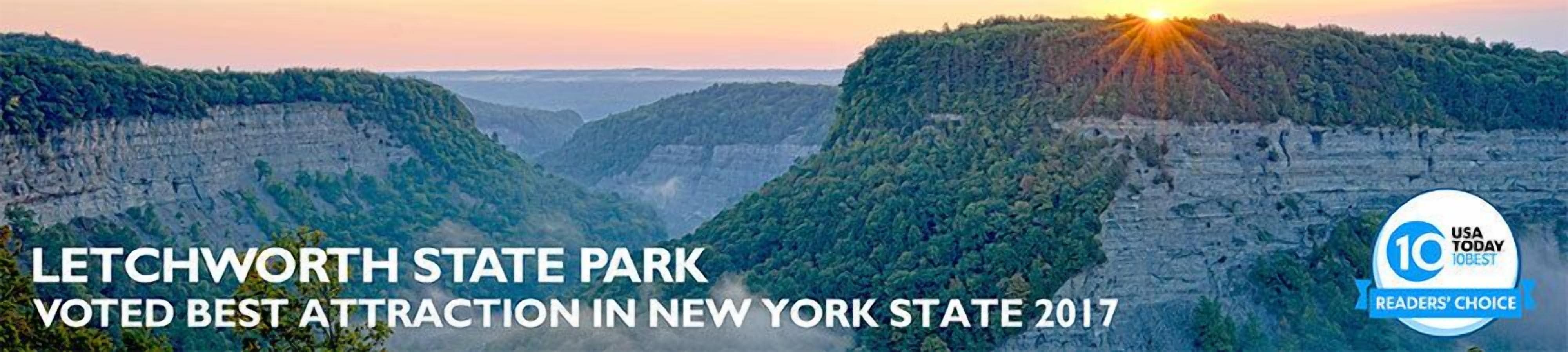 A scenic view of Letchworth State Park with text stating it was voted the best attraction in New York State in 2017.