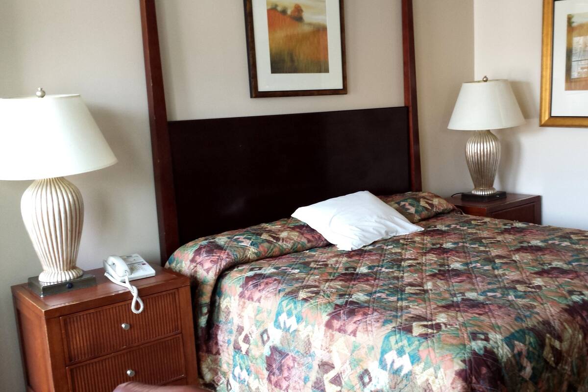 Habitación de hotel con una cama, dos lámparas de noche, un teléfono y un cuadro en la pared.