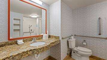 A bathroom with a granite countertop, a sink, a toilet, and a shower area.