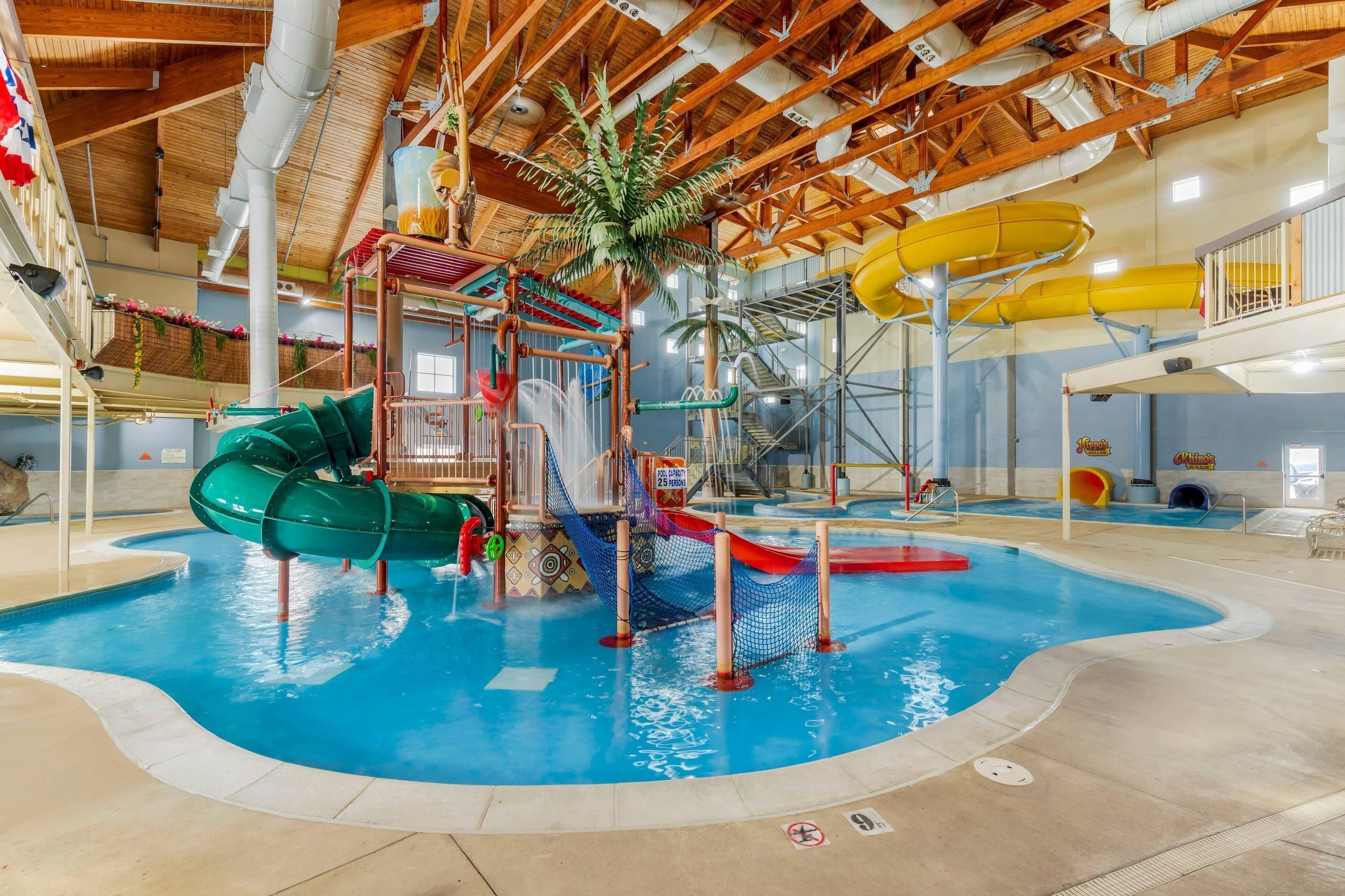 Indoor pool, open 10:00 AM to 9:00 PM, lifeguards on site