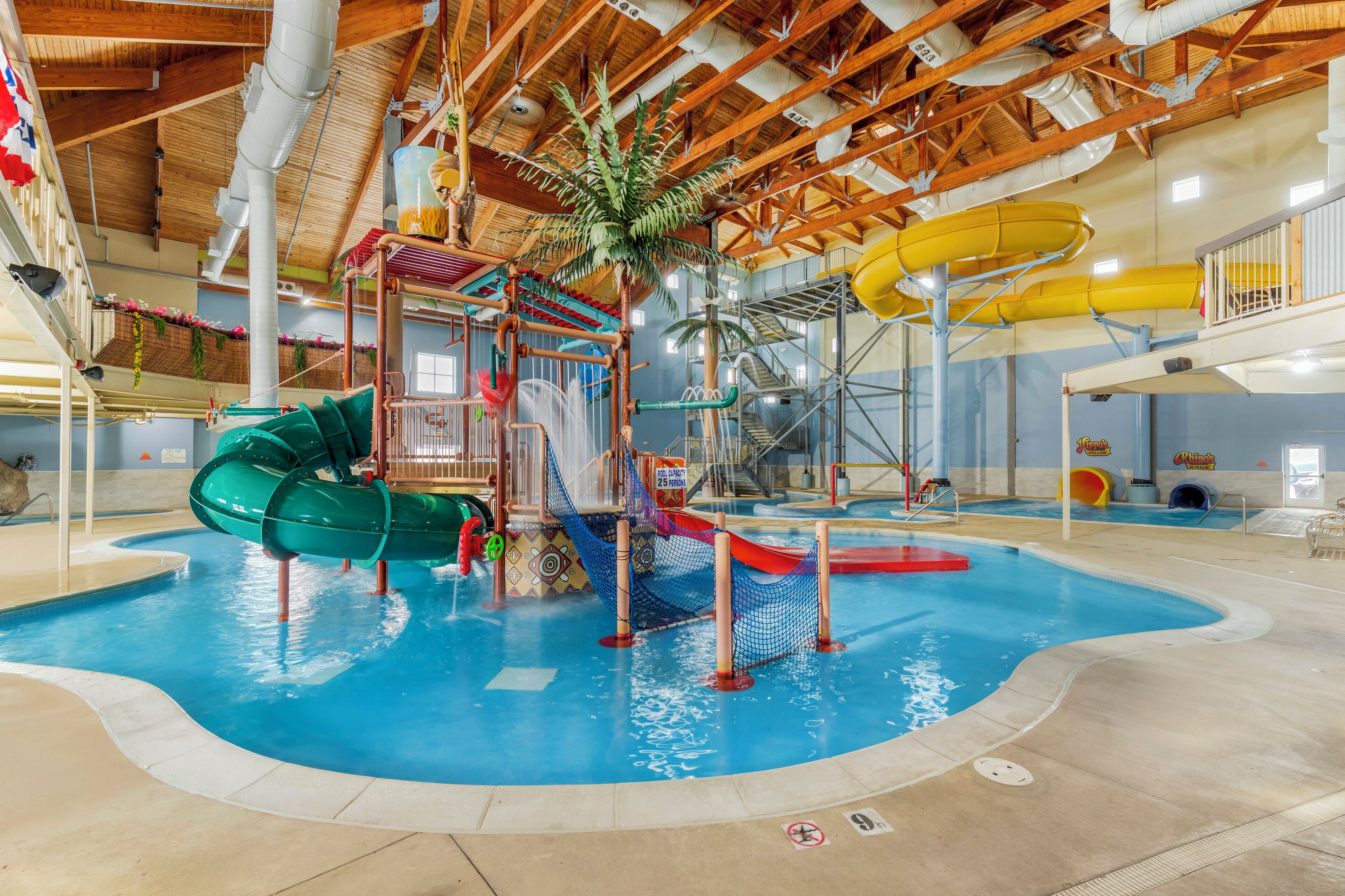 Indoor pool, open 10:00 AM to 9:00 PM, lifeguards on site