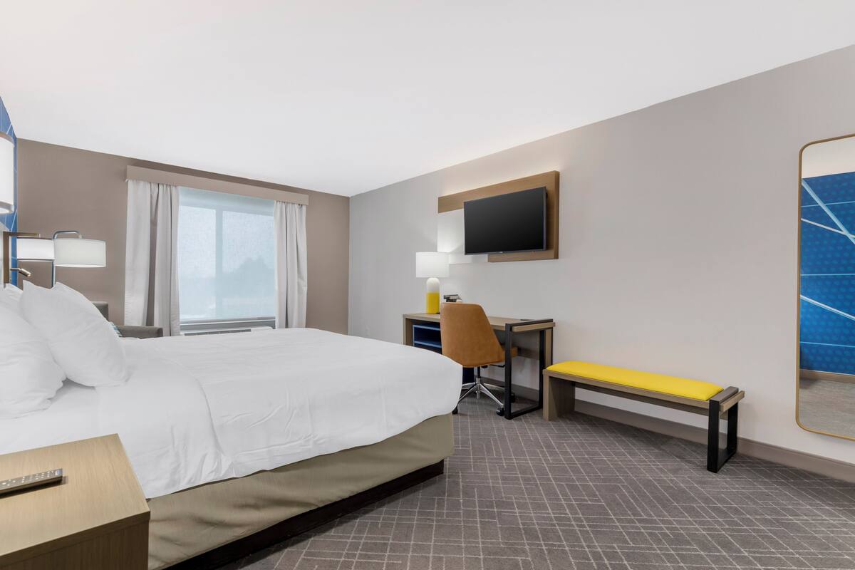 Une chambre d’hôtel avec un lit, un bureau, une chaise, un banc, une télévision et une fenêtre avec des rideaux.