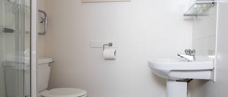 A bathroom with a toilet, a sink, and a glass shower enclosure.