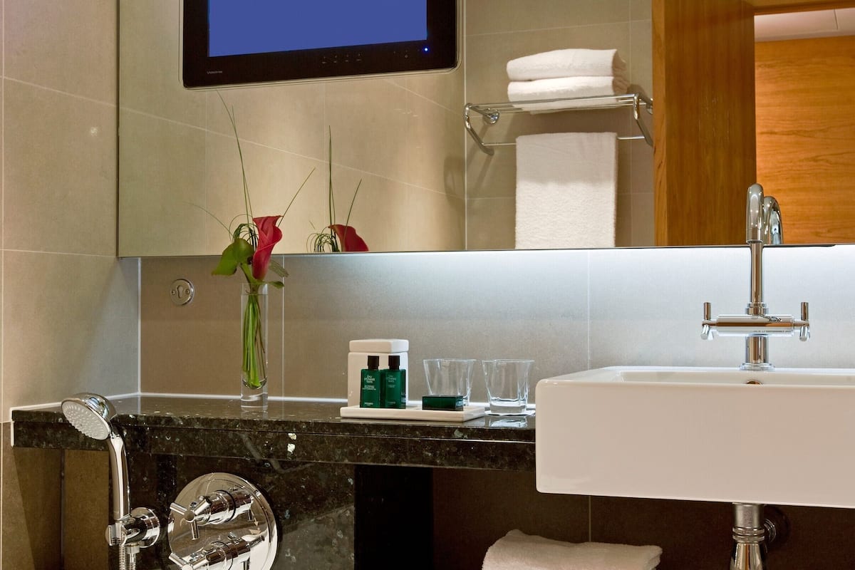 separate bathtub and shower, designer toiletries, hair dryer, bathrobes