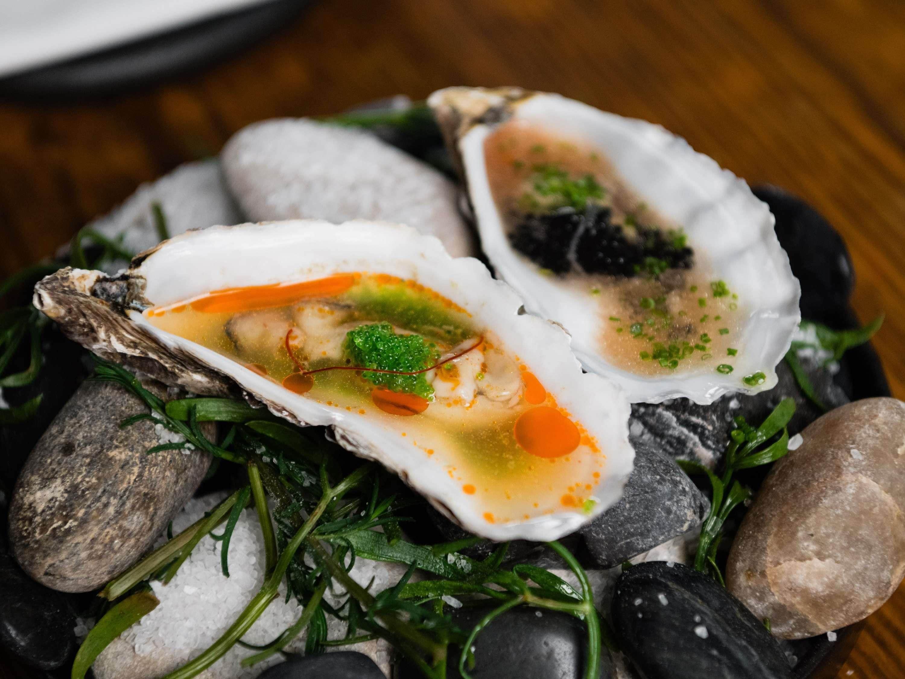 Un plato de mariscos con ostras sobre una cama de hielo, decorado con hierbas verdes.