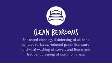 Habitación con cama, limpieza intensificada, desinfección de superficies de contacto manual, reducción de documentación impresa, lavado antiviral de toallas y ropa de cama, y limpieza frecuente de áreas comunes.