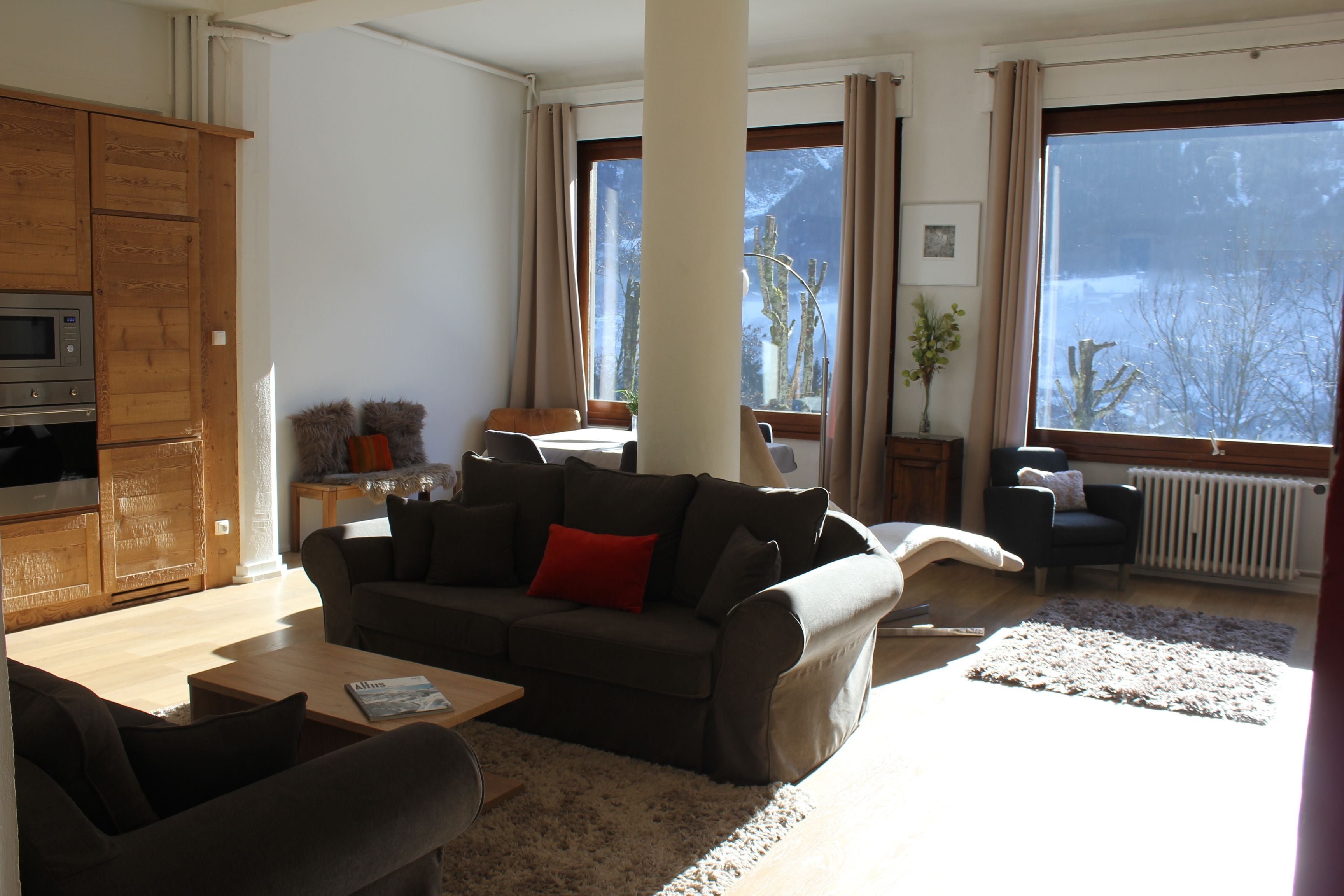 Un salon moderne avec un canapé, une table basse et un téléviseur. Il y a une grande fenêtre avec des rideaux, un meuble en bois et une plante sur le rebord de la fenêtre.