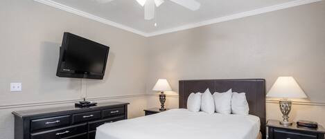 A hotel room with a bed, two bedside tables with lamps, a flat-screen TV mounted on the wall, and a ceiling fan.