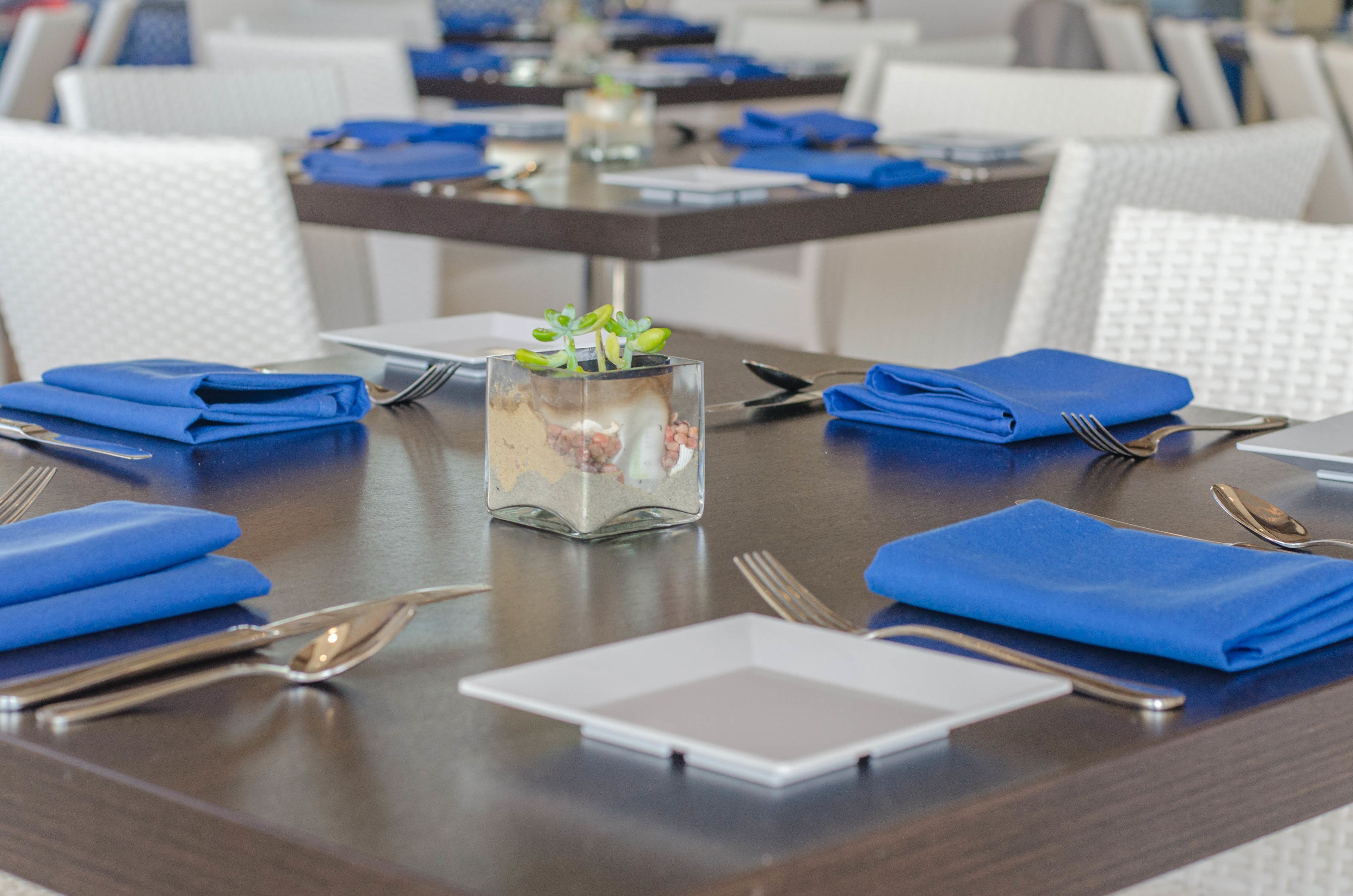 Mesa de comedor dispuesta con servilletas azules, cubiertos y un florero con planta.