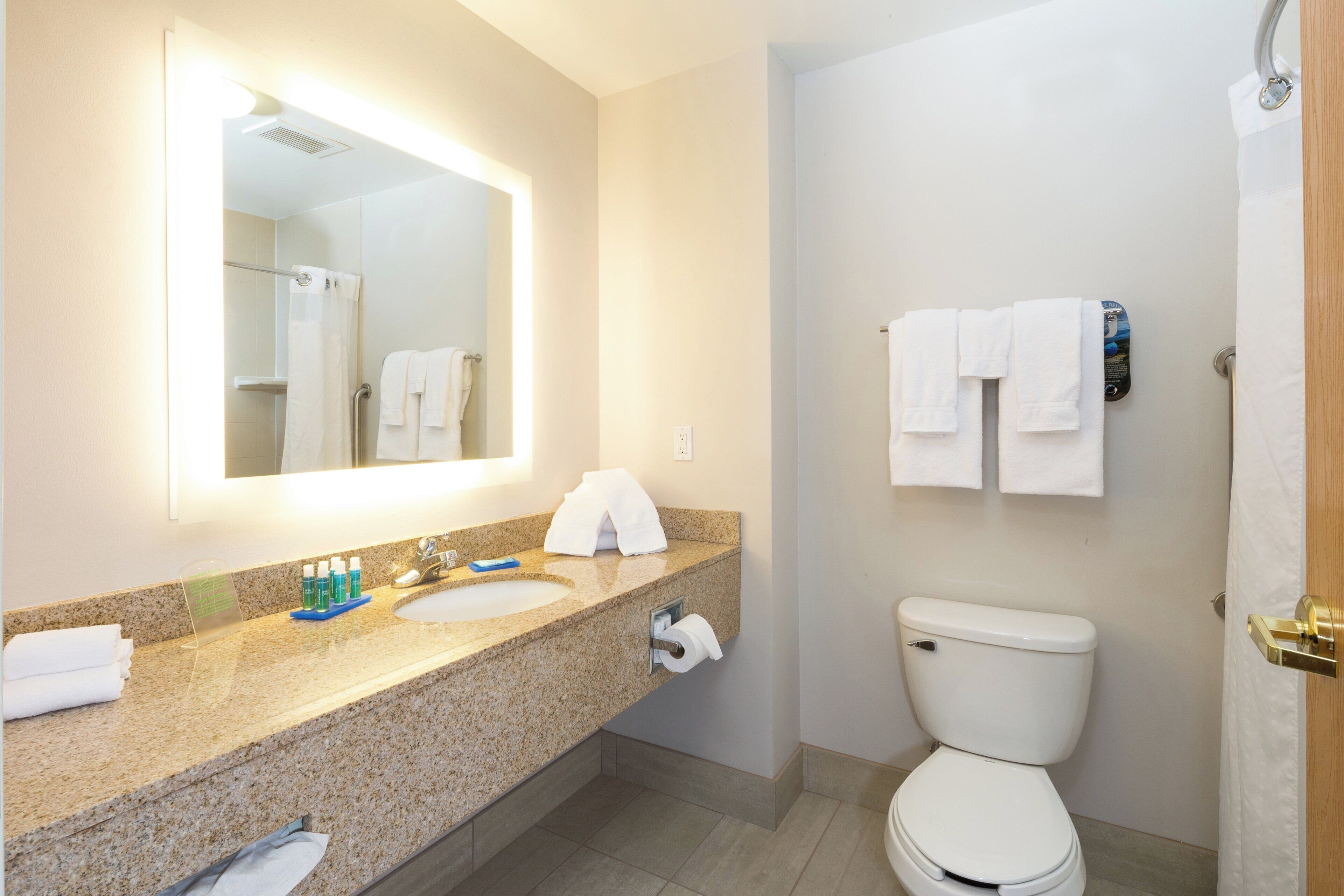 A bathroom with a granite countertop, a white sink, a mirror, a toilet, and a shower curtain.