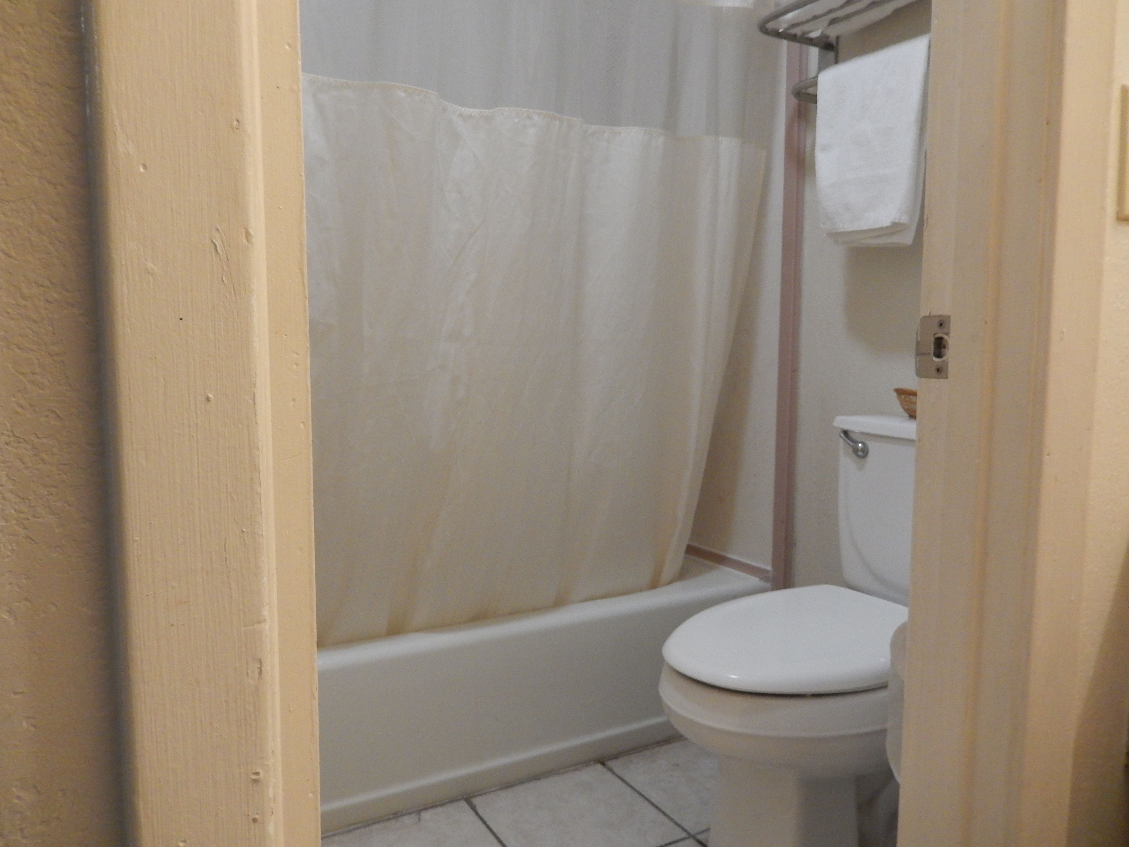 Un baño con bañera, inodoro y cortina de ducha.