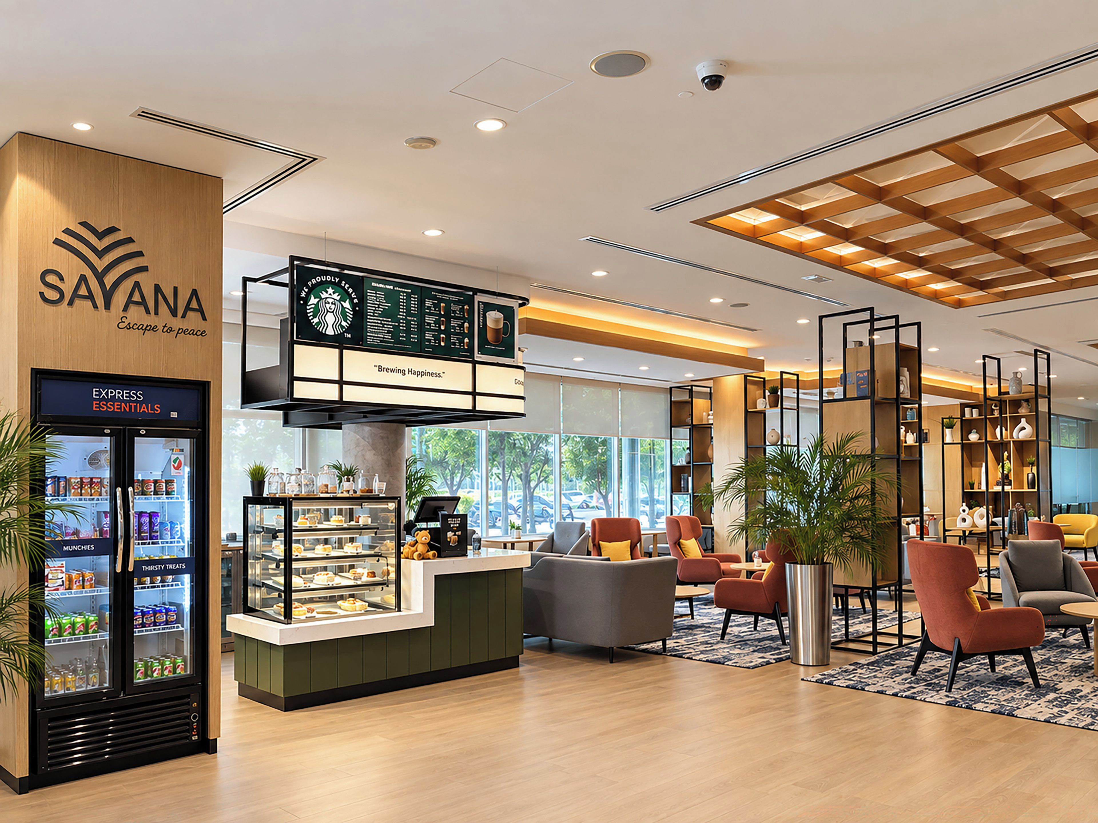 Ein modernes Interieur mit einem Starbucks Express Essentials Kiosk, einer Sitzecke mit Stühlen und einem großen Fenster mit Blick ins Freie.