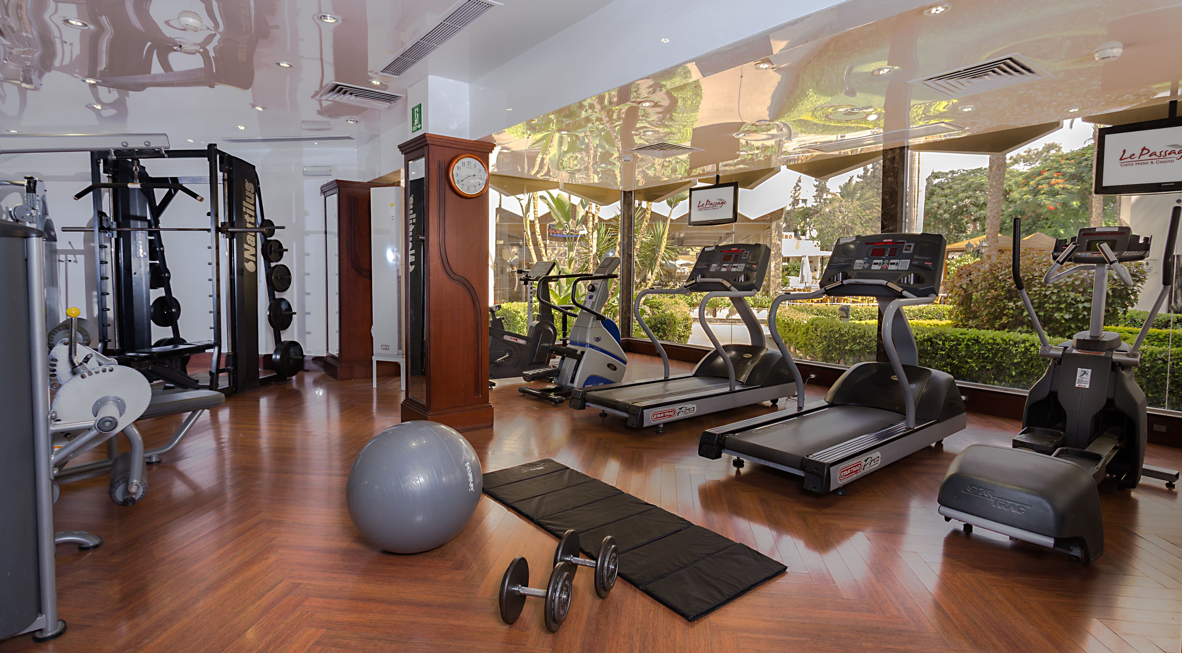 A gym with treadmills, elliptical machines, free weights, and exercise balls.
