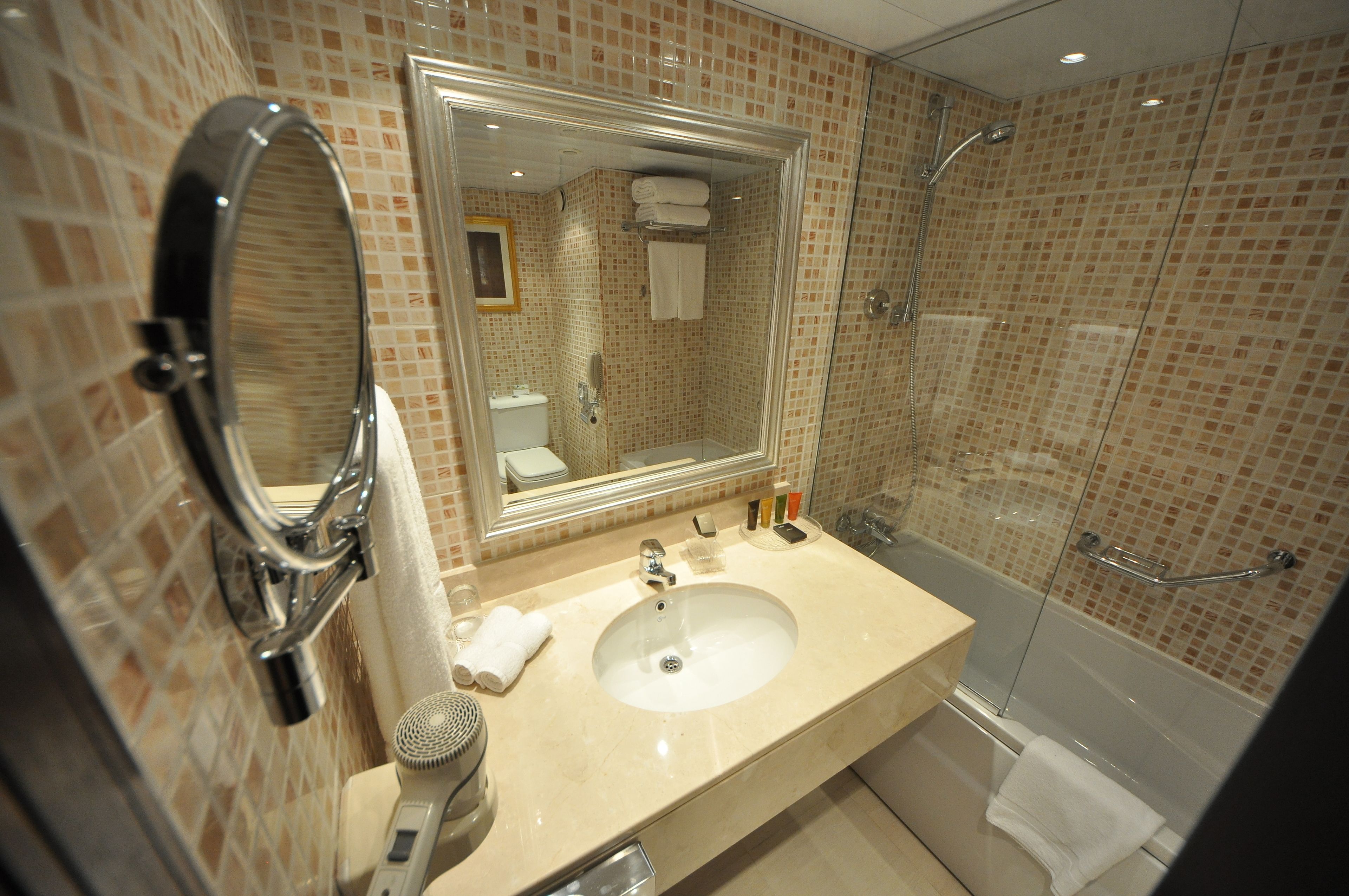 combined shower/bathtub, free toiletries, hair dryer, towels