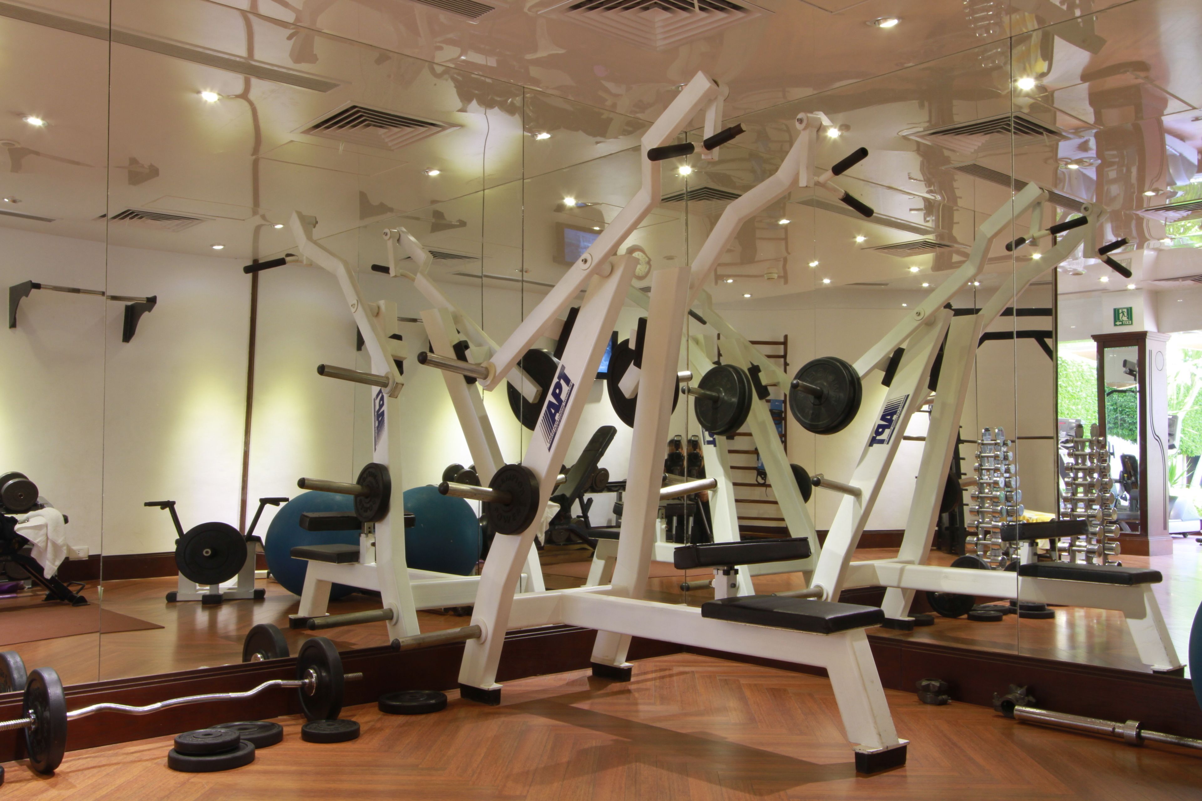 A gym with various exercise equipment, including weight machines and free weights.