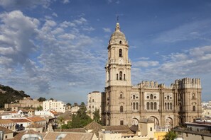 A historic cathedral with a prominent bell tower, surrounded by residential buildings and a hilly landscape. - Petit Palace Plaza Malaga Hotel (Málaga)