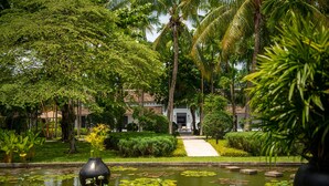A serene garden with a pond, palm trees, and a pathway leading to a building. - Sofitel Luang Prabang (Luang Prabang)