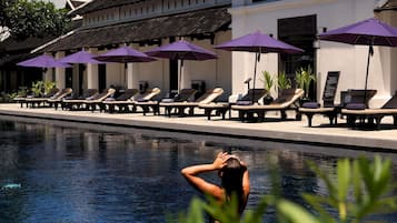 Outdoor pool, pool umbrellas, pool loungers