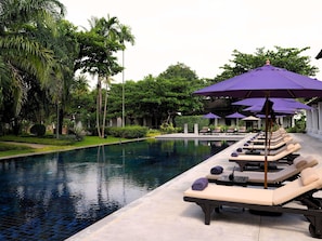 Outdoor pool, pool umbrellas, pool loungers