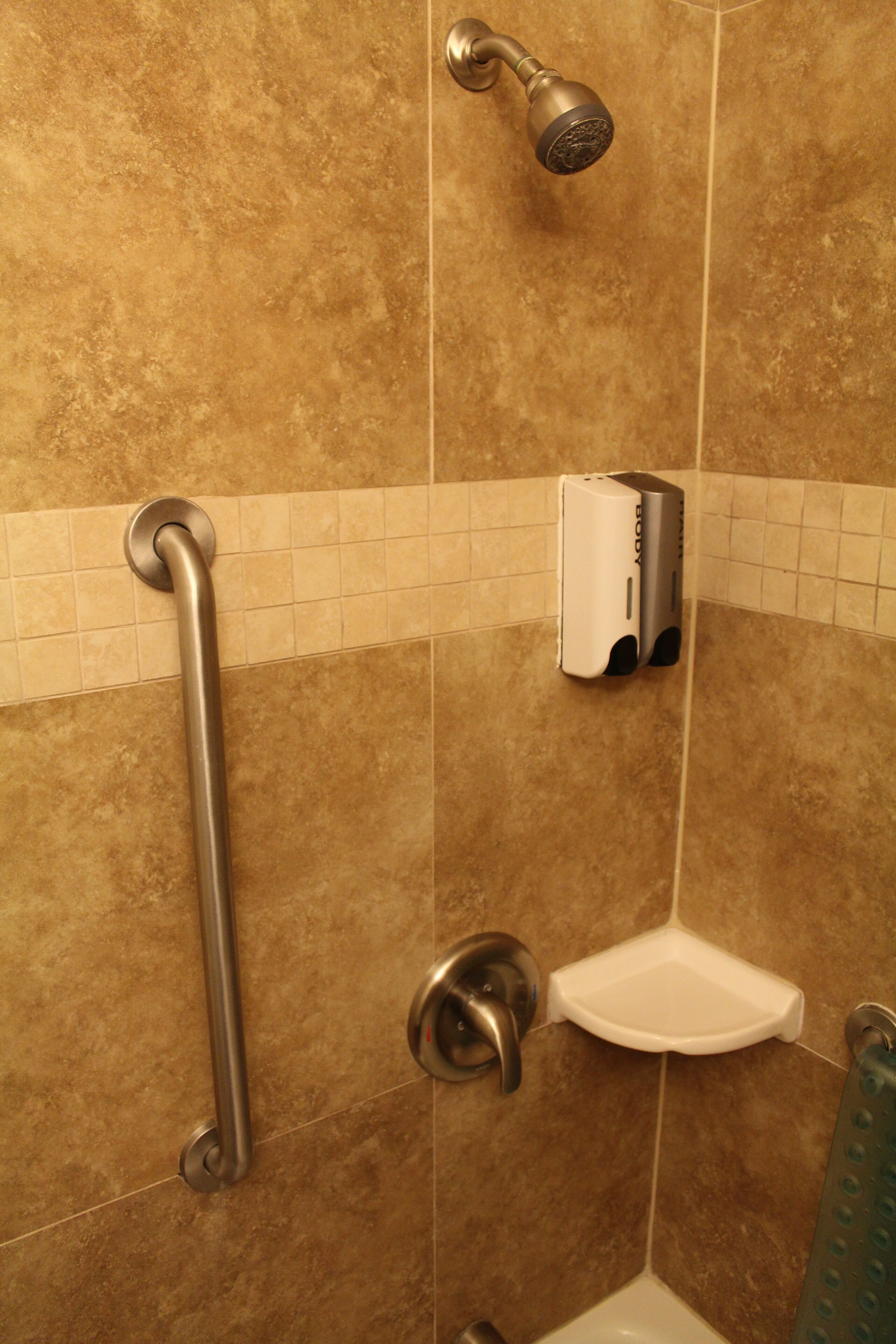 A bathroom with a shower, a handrail, a soap dispenser, and a corner sink.