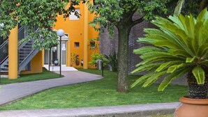 A courtyard with a pathway, a palm tree, and a building with yellow and gray walls. - Hotel Marini (Sassari)
