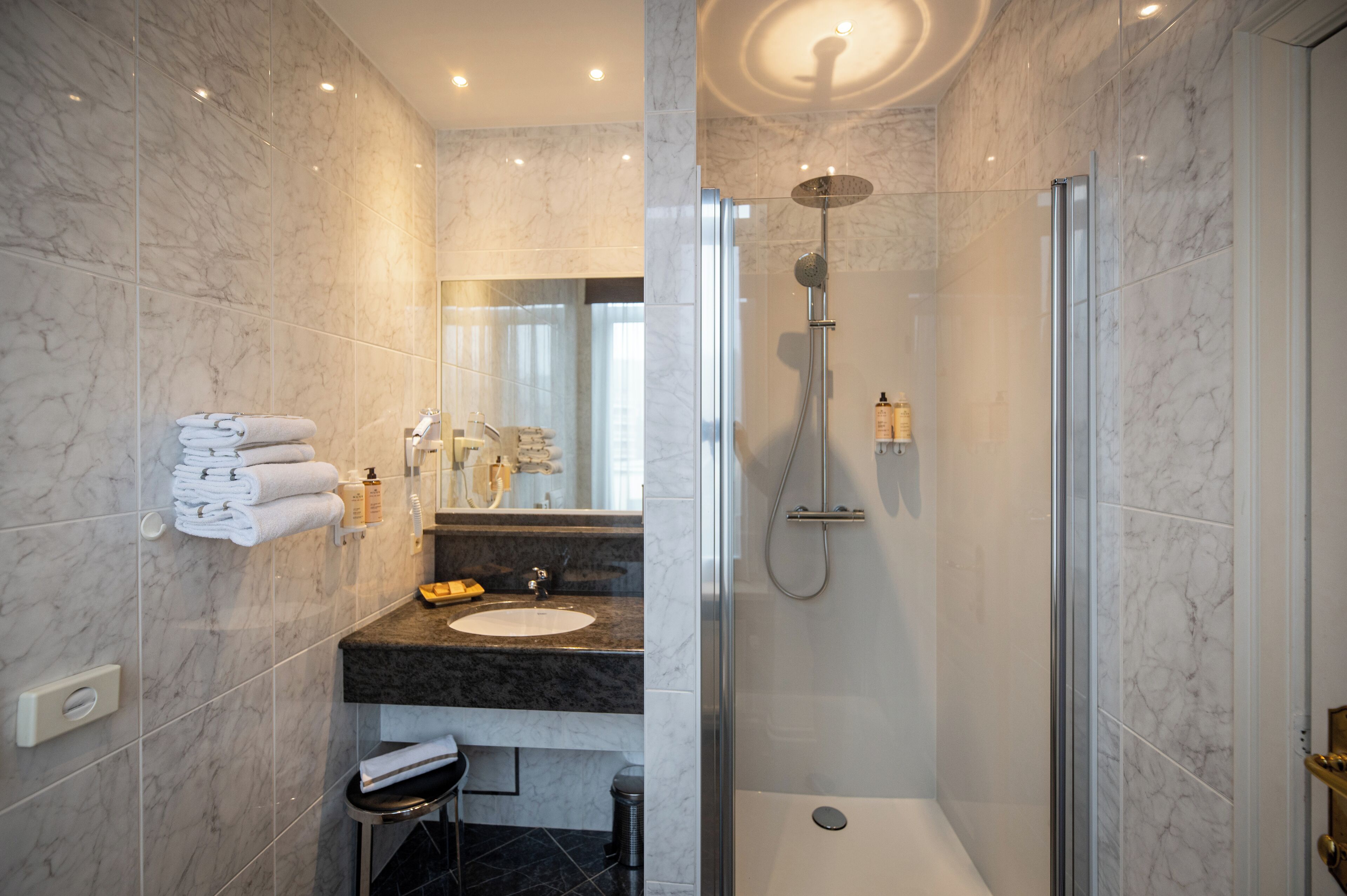 superior double room | bathroom | hair dryer, bathrobes, slippers, towels