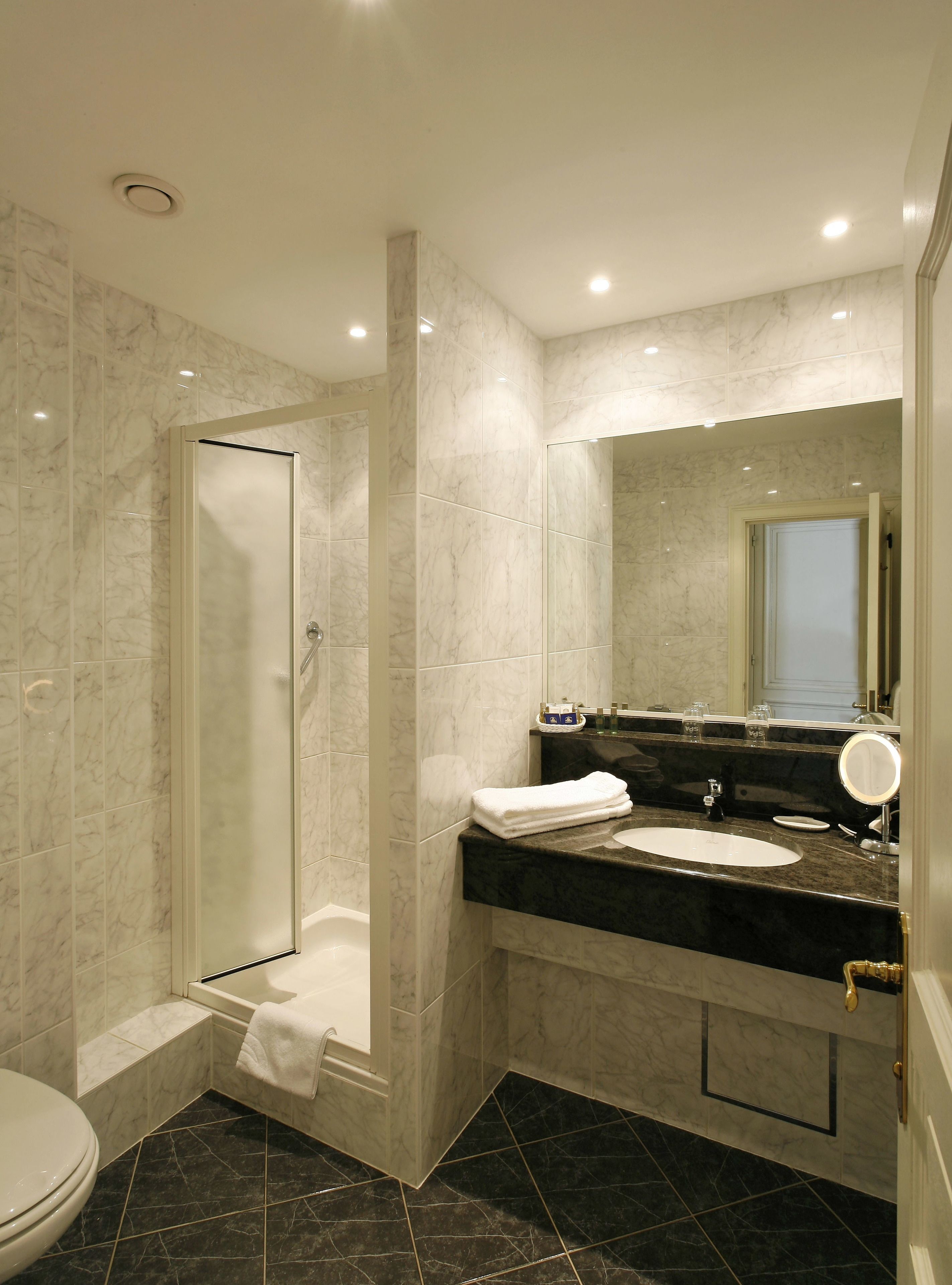 A modern bathroom with a glass shower enclosure, a black countertop sink, and a large mirror.