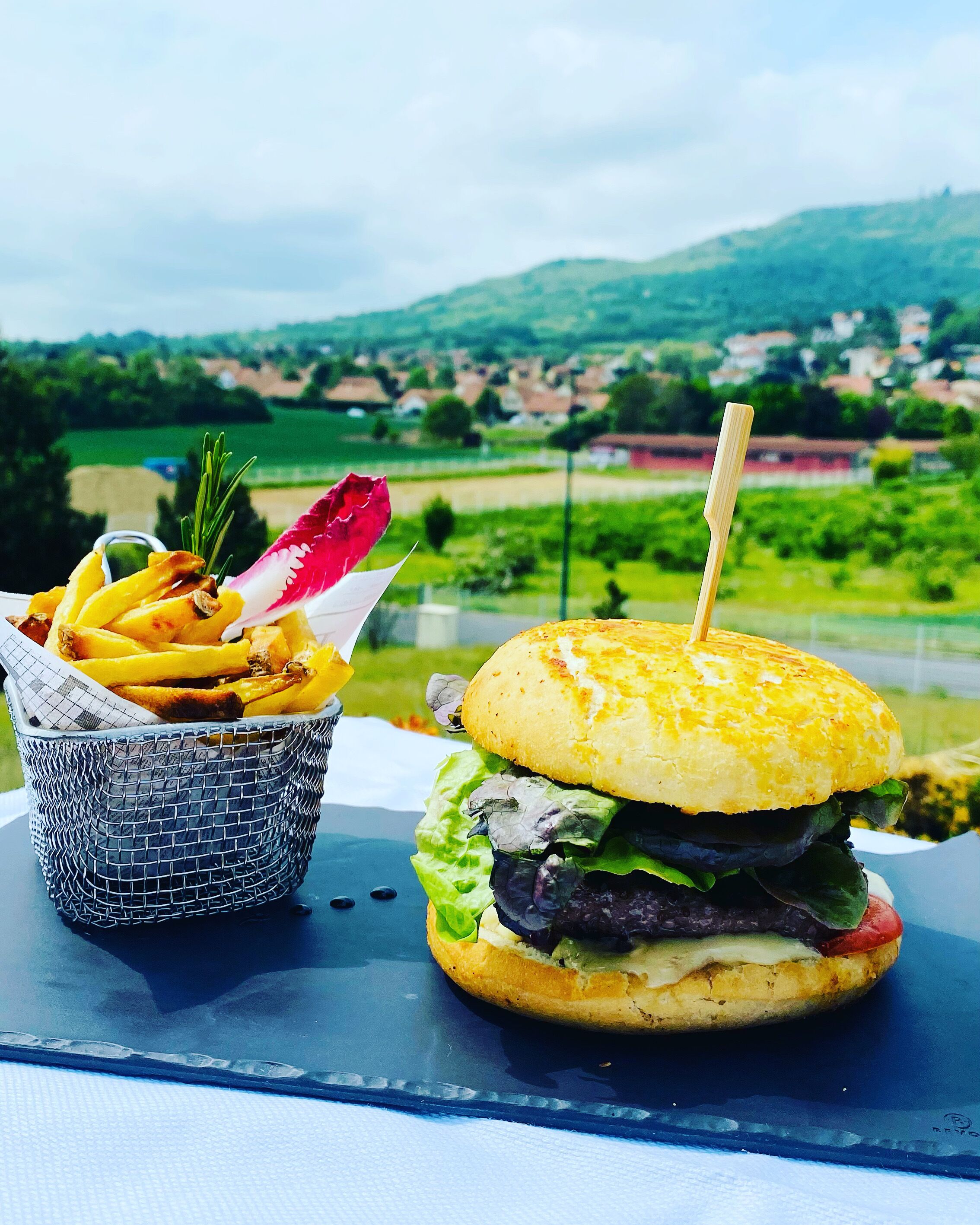 Un hamburger et des frites sur une table, avec une vue panoramique sur un paysage verdoyant et des collines en arrière-plan.