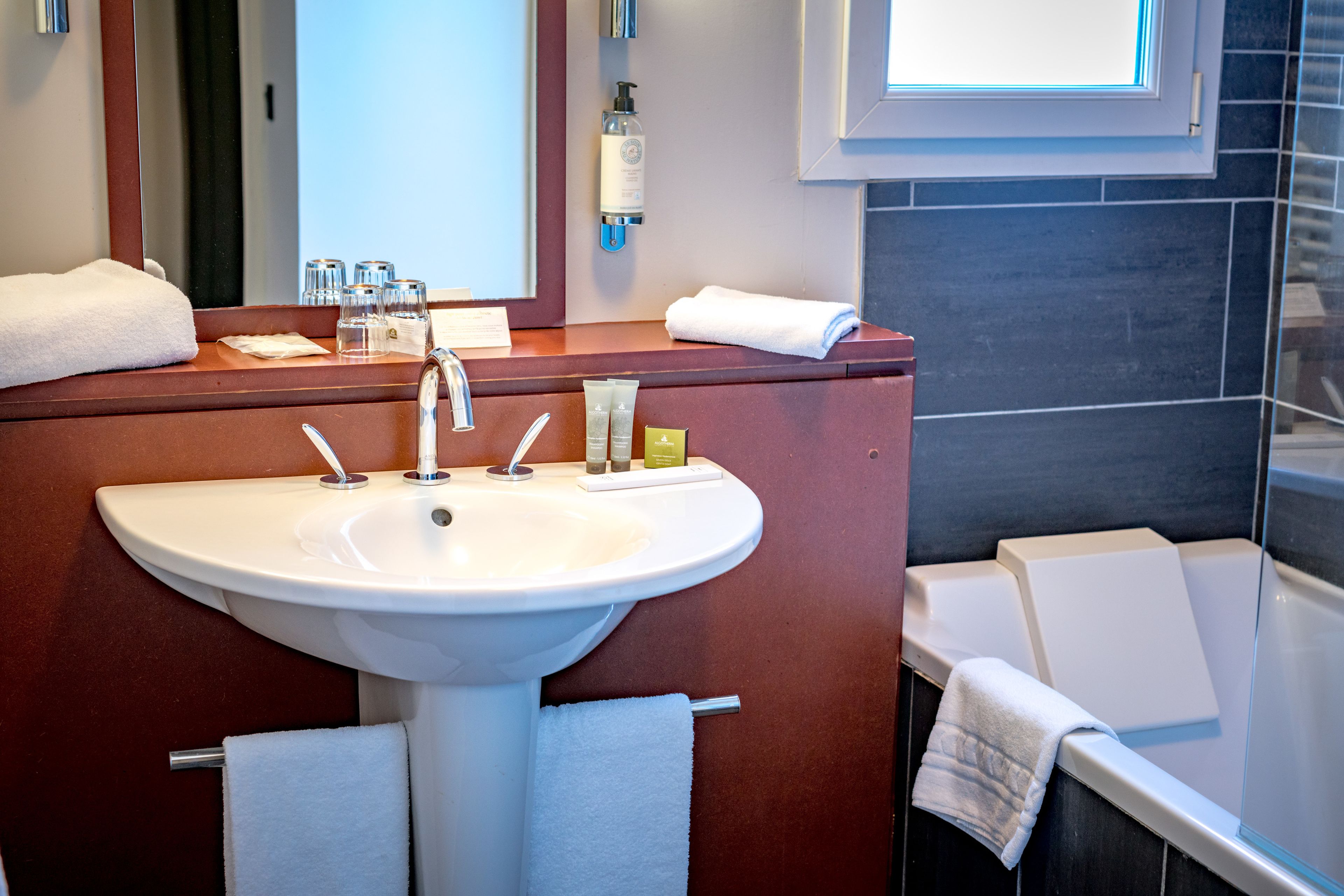 eco-friendly toiletries, hair dryer, towels