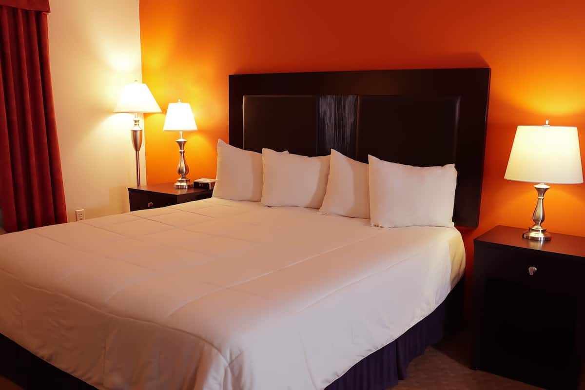 A hotel room with a large bed, two bedside tables with lamps, and a dark headboard.