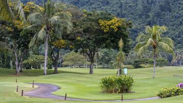 A golf course with a well-maintained green, palm trees, and a variety of tropical plants.