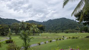 A lush green landscape with a golf course, palm trees, and a mountain in the background.