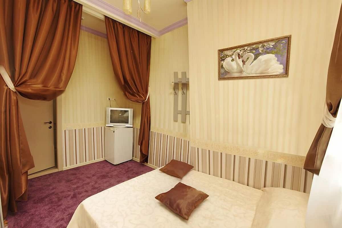 A hotel room with a bed, a small TV, and a painting of swans on the wall.