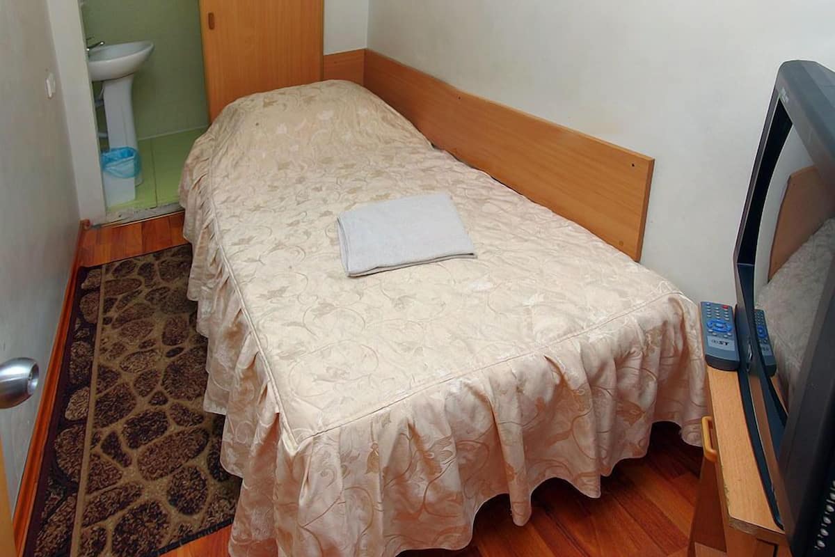 A small, single-bed room with a wooden headboard, a bedside table with a remote control, and a television. A bathroom with a sink and toilet is visible in the corner.