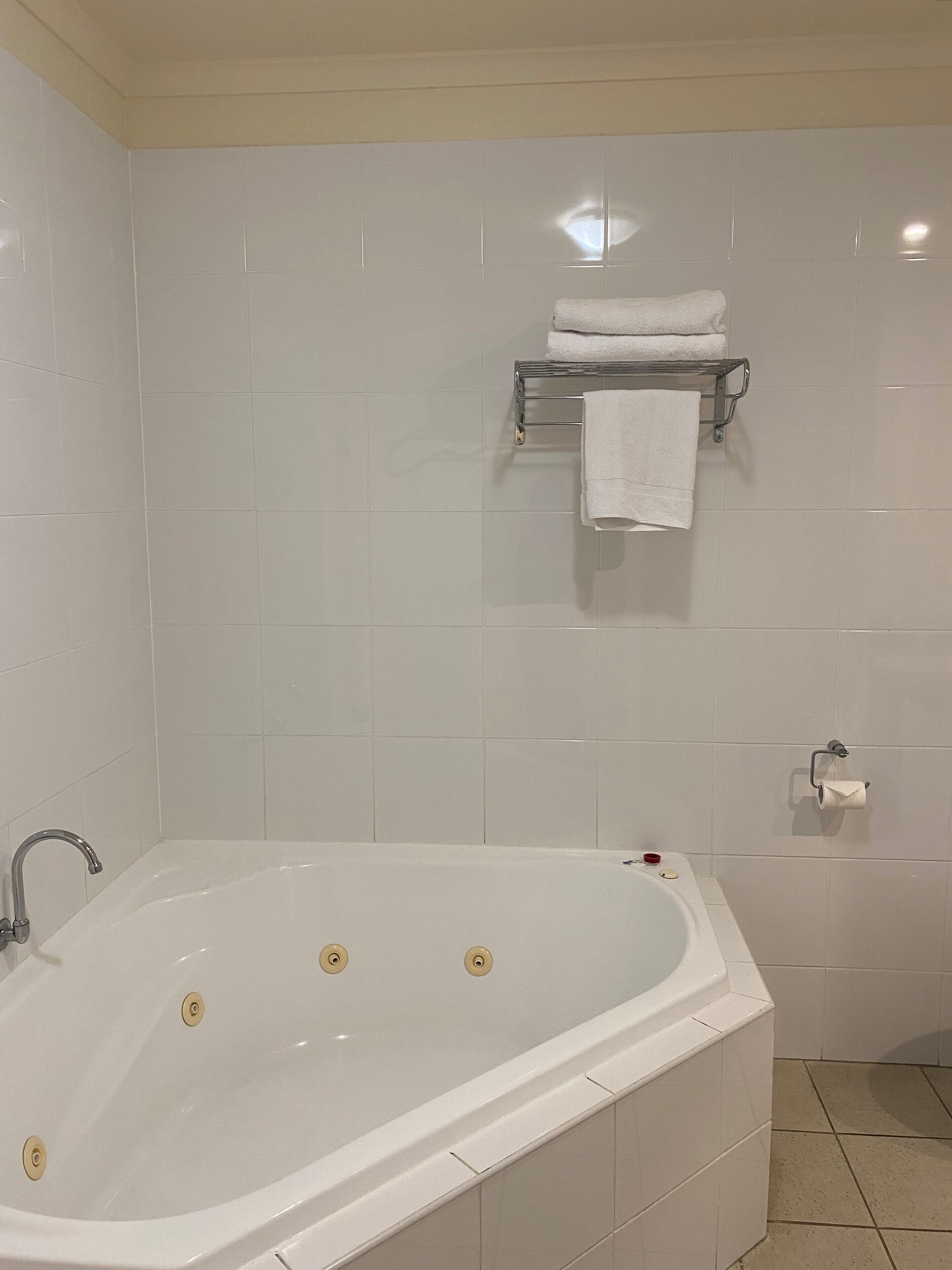 Un baño con una bañera blanca, un perchero con toallas y un dispensador de papel higiénico.