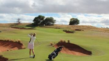 Un campo de golf con búnkeres y árboles al fondo.