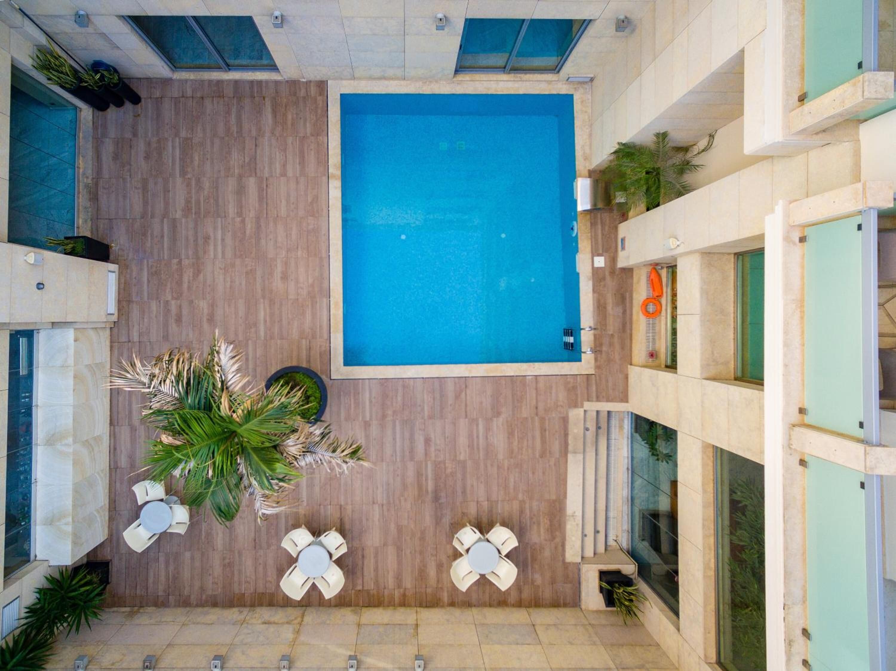 A modern indoor pool area with a wooden wall and a blue pool. There are white lounge chairs and a large potted plant.