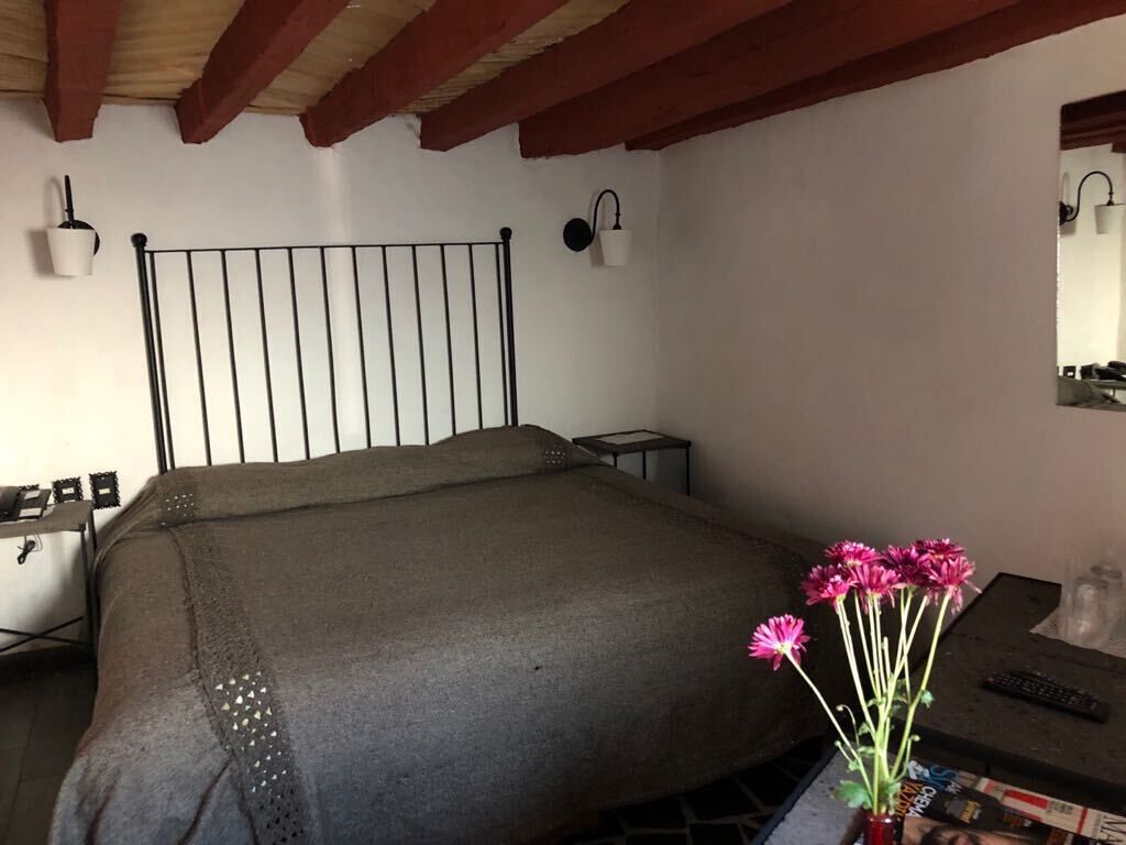 A bedroom with a metal bed frame, a bedside table with a lamp, and a small table with a vase of flowers.
