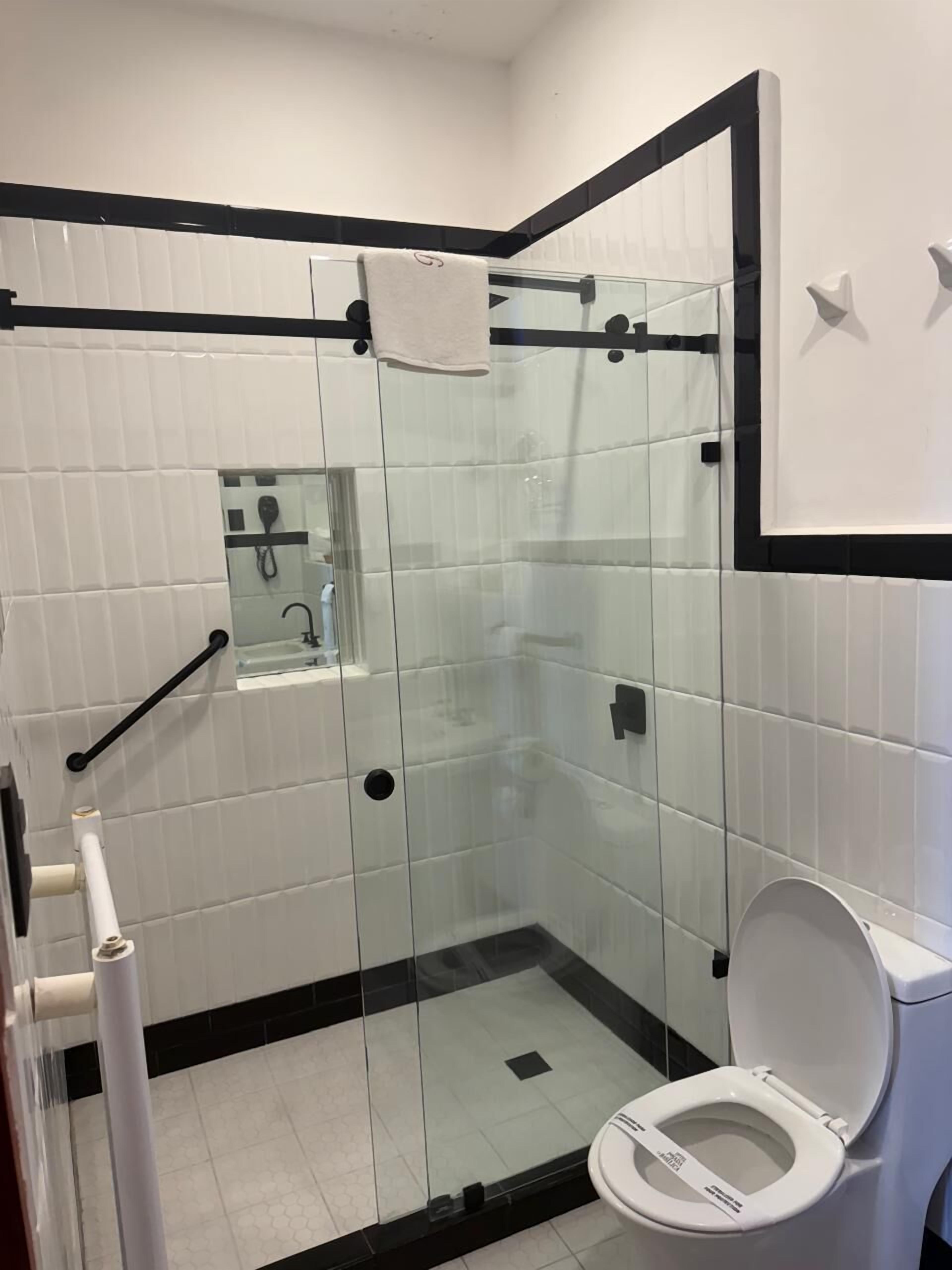 A modern bathroom with a glass-enclosed shower, a white toilet, and a small sink.