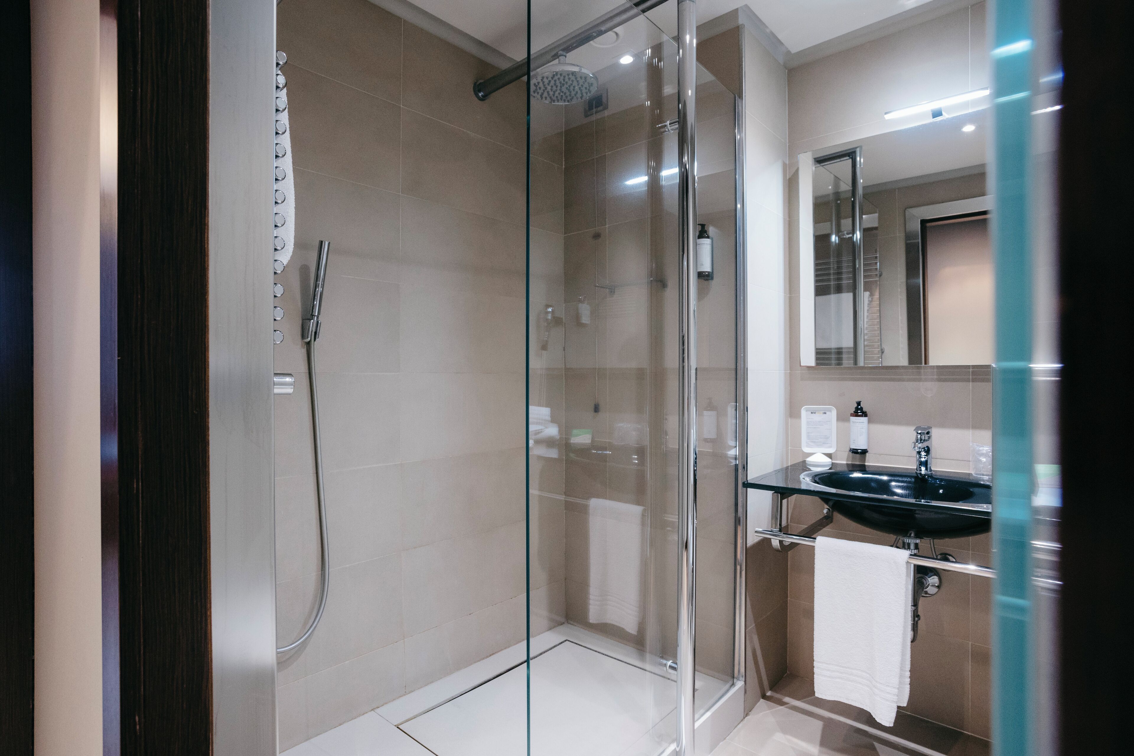 Une salle de bain moderne avec une douche à parois de verre, un lavabo noir et un miroir au-dessus.