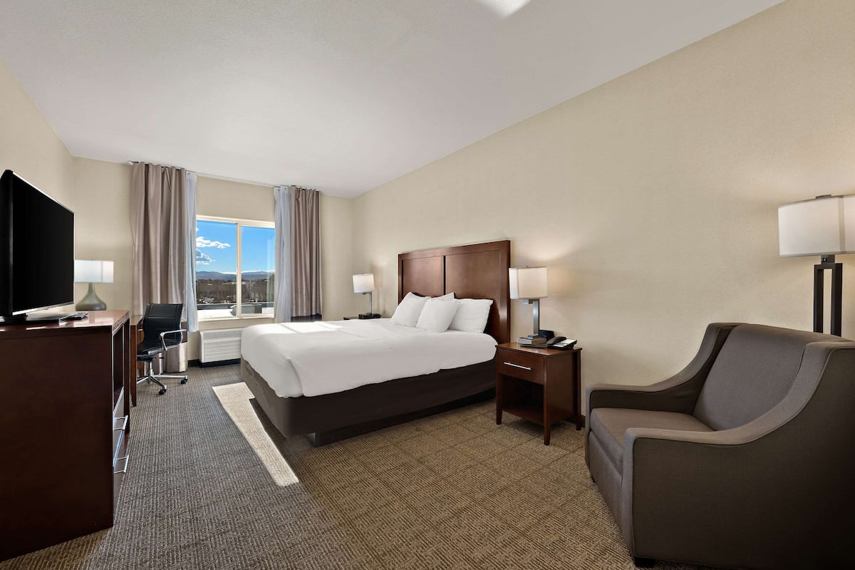 A hotel room with a bed, a desk, a chair, a TV, a window with curtains, and a lamp.