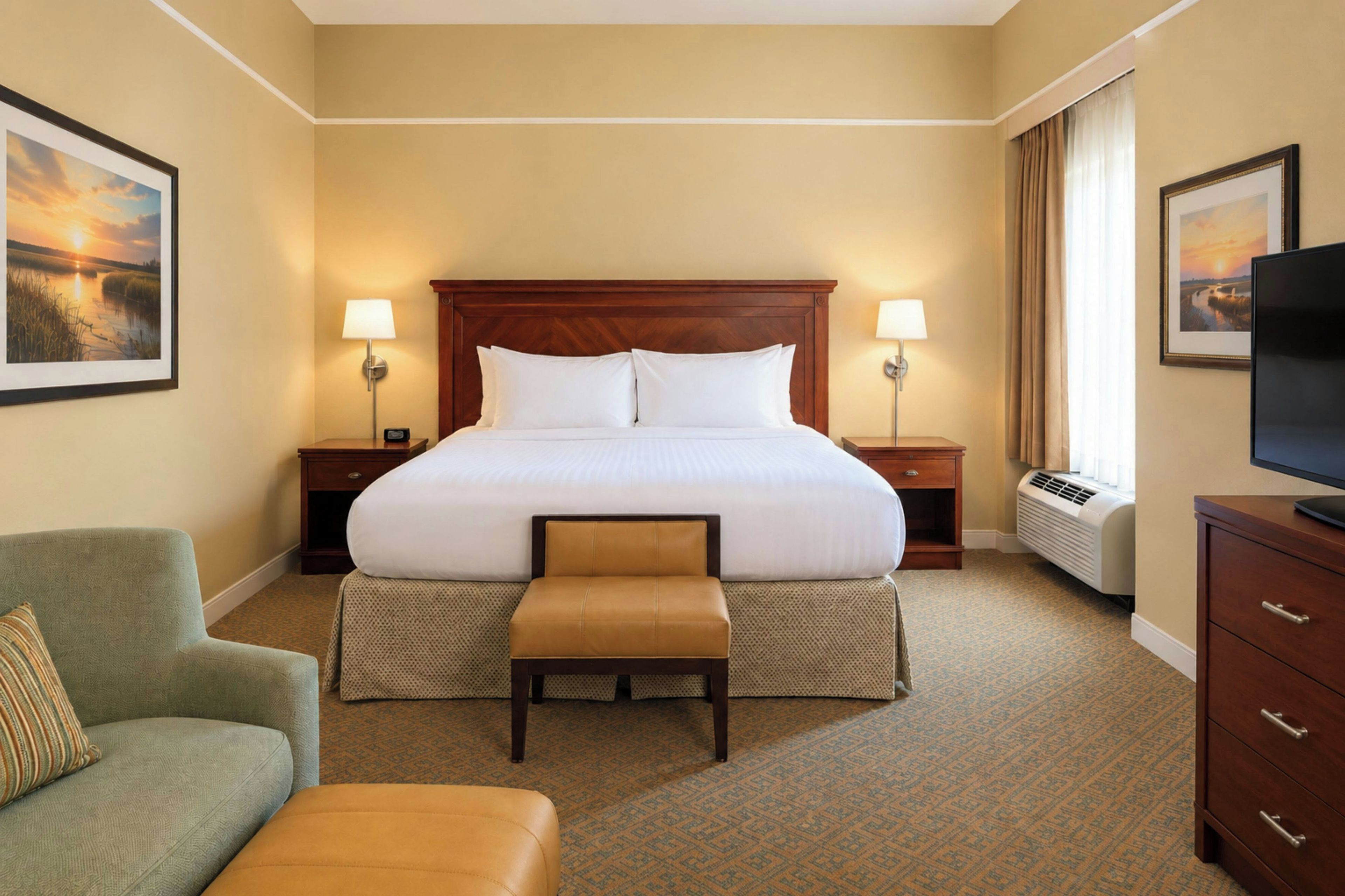A hotel room with a large bed, two bedside tables, a television, a chair, and a bench.