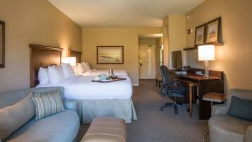 Premium bedding, pillowtop beds, desk, laptop workspace