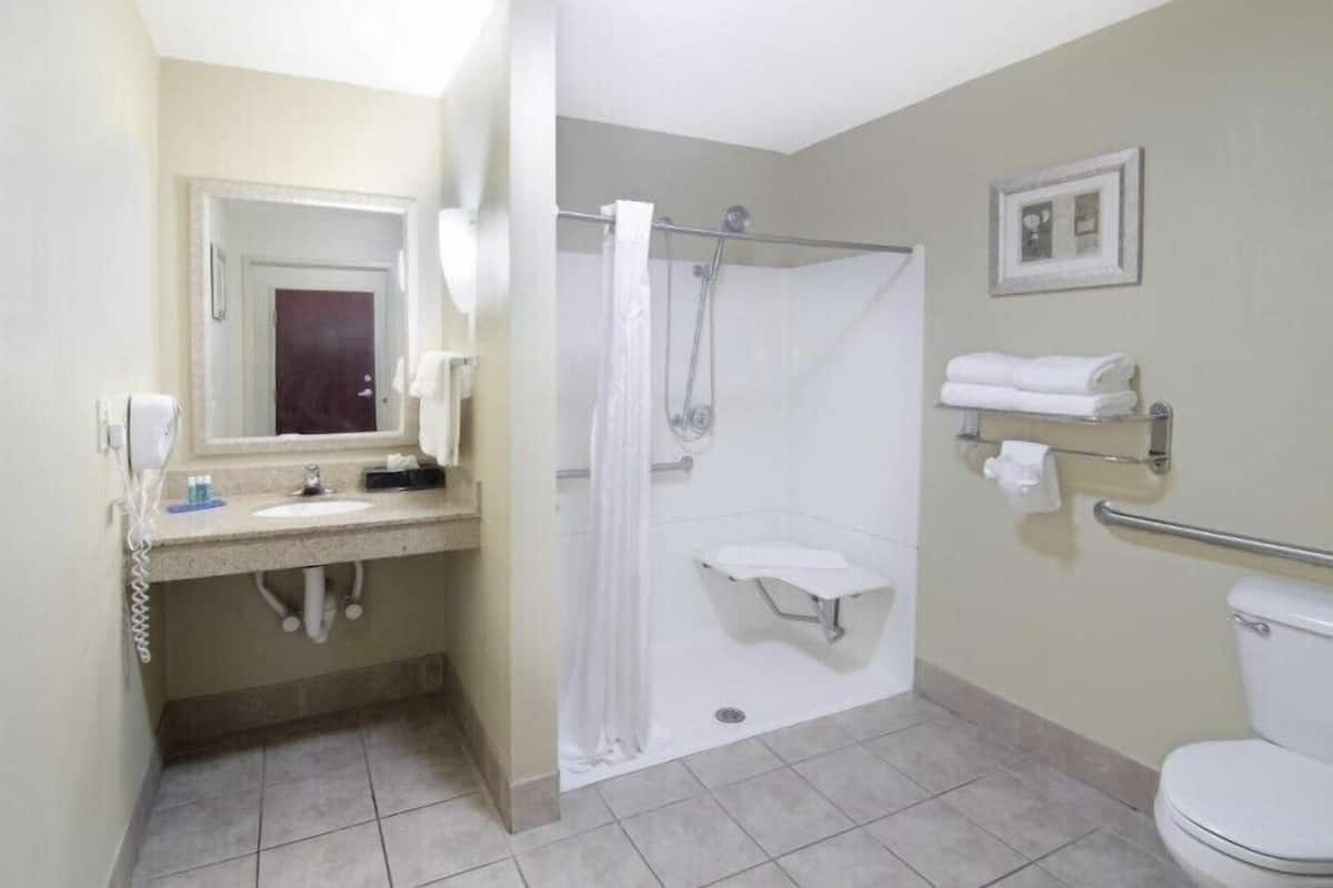 A bathroom with a shower, toilet, sink, and a towel rack.