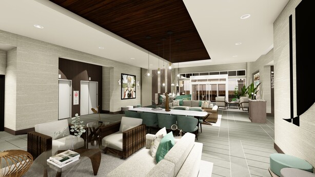A spacious living area with a central island, seating arrangements, and a view into the adjacent dining area. - The Rewind West Des Moines, Tapestry Collection by Hilton (West Des Moines)