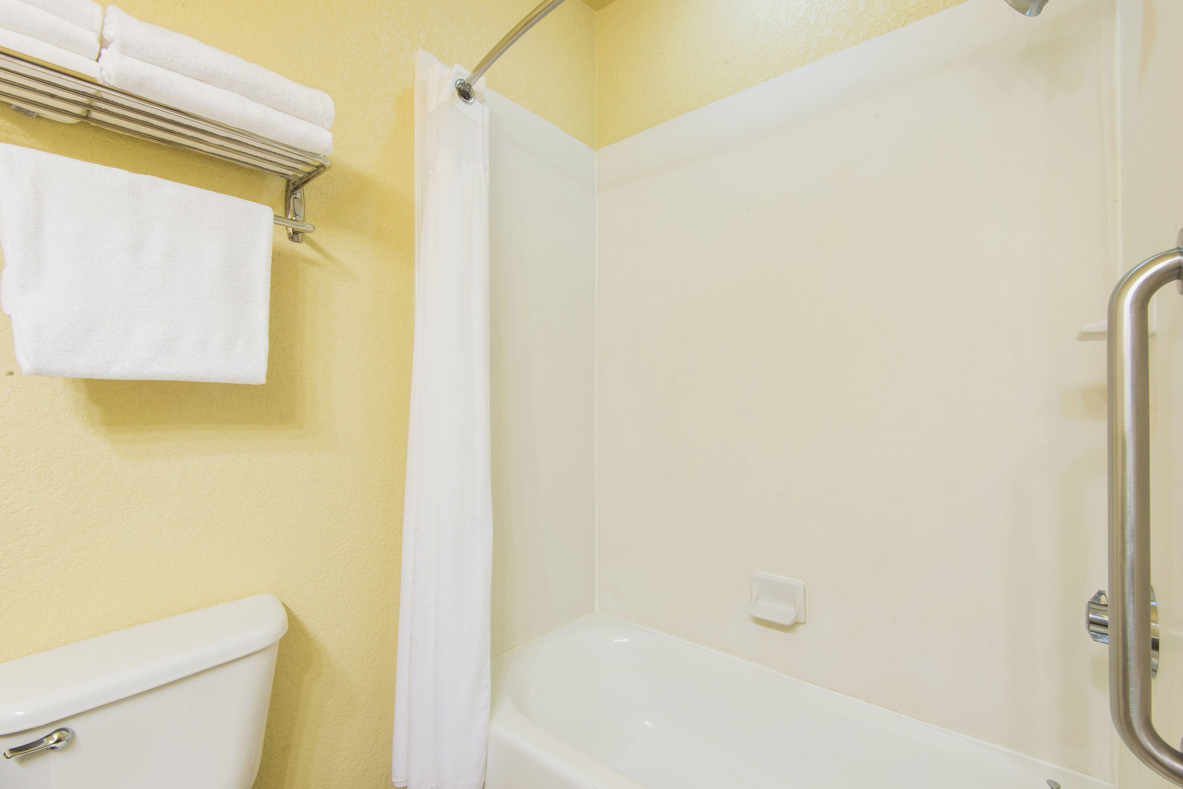 A bathroom with a toilet, a bathtub, and a shower curtain.