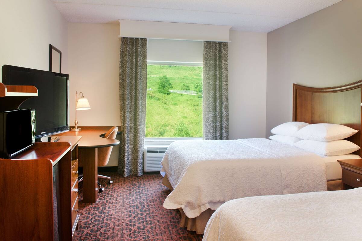 Une chambre d’hôtel équipée d’une télévision, d’un bureau, de deux lits, d’une fenêtre avec des rideaux et d’une lampe.